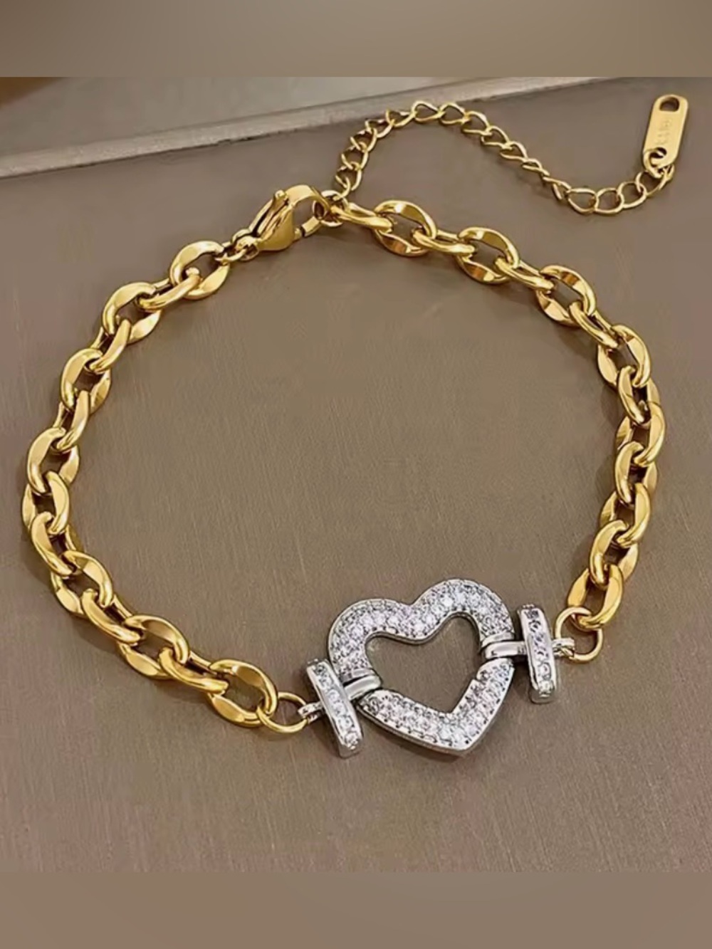Gold Chain Bracelet with Pave Heart Accent - Women's Jewelry